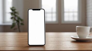 Black mobile smartphone mockup with blank screen isolated on a table, application or design project. photo