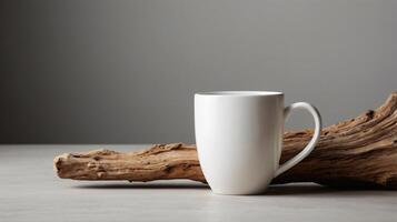 White ceramic cup with on a table background with aesthetic details, mock up, template. photo