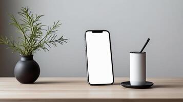 Black mobile smartphone mockup with blank screen isolated on a table, application or design project. photo