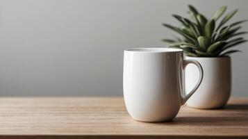 White ceramic cup with on a table background with aesthetic details, mock up, template. photo