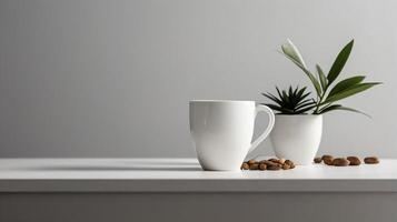White ceramic cup with on a table background with aesthetic details, mock up, template. photo