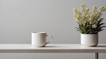 White ceramic cup with on a table background with aesthetic details, mock up, template. photo