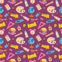 Vibrant seamless pattern with school supplies like globes, books, rulers, palettes, and scissors on a purple background. Ideal for stationery, textiles, and digital backgrounds. vector