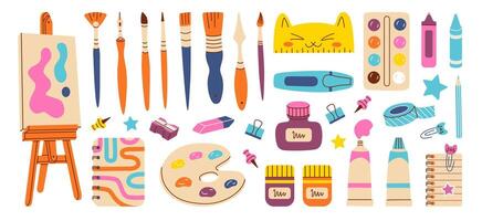 Set of painting tools elements. Art supplies brushes, paint tubes, pencil, ink, sketchbook, easel, markers, palette, crayons, palette knife sketchbook. Hand draw flat illustration. vector