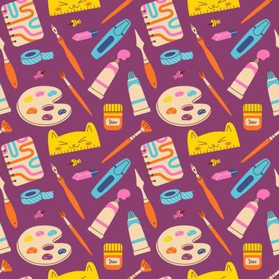 Vibrant seamless pattern featuring art supplies like palettes, paint tubes, brushes, and sketchbooks on a purple background. Perfect for stationery, textiles, and digital backgrounds.