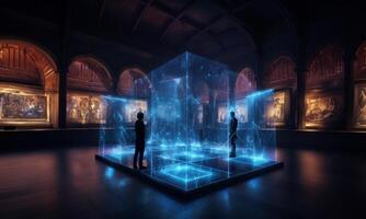 In a futuristic museum, holograms vividly depict the history of the country, showcasing its evolution and the profound changes it has undergone over time.Generated image photo