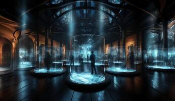 In a futuristic museum, holograms vividly depict the history of the country, showcasing its evolution and the profound changes it has undergone over time.Generated image photo