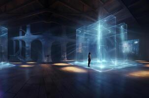In a futuristic museum, holograms vividly depict the history of the country, showcasing its evolution and the profound changes it has undergone over time.Generated image photo