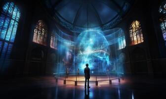In a futuristic museum, holograms vividly depict the history of the country, showcasing its evolution and the profound changes it has undergone over time.Generated image photo