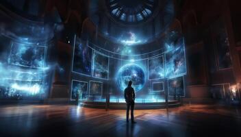 In a futuristic museum, holograms vividly depict the history of the country, showcasing its evolution and the profound changes it has undergone over time.Generated image photo