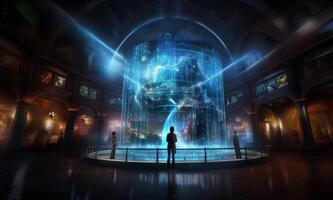 In a futuristic museum, holograms vividly depict the history of the country, showcasing its evolution and the profound changes it has undergone over time.Generated image photo