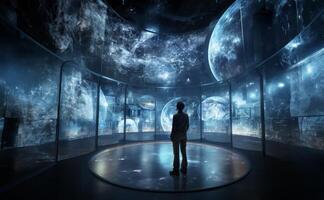 In a futuristic museum, holograms vividly depict the history of the country, showcasing its evolution and the profound changes it has undergone over time.Generated image photo