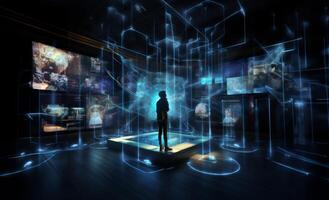 In a futuristic museum, holograms vividly depict the history of the country, showcasing its evolution and the profound changes it has undergone over time.Generated image photo