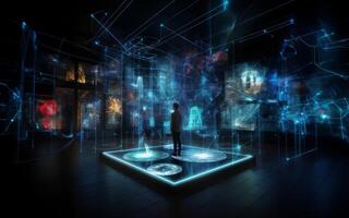 In a futuristic museum, holograms vividly depict the history of the country, showcasing its evolution and the profound changes it has undergone over time.Generated image photo