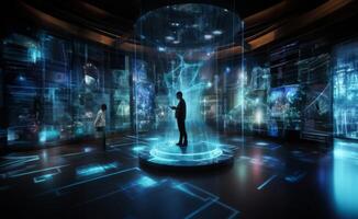 In a futuristic museum, holograms vividly depict the history of the country, showcasing its evolution and the profound changes it has undergone over time.Generated image photo
