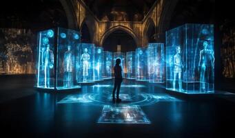 In a futuristic museum, holograms vividly depict the history of the country, showcasing its evolution and the profound changes it has undergone over time.Generated image photo