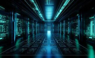 The photograph captures the interior of a modern, spacious server room, showcasing rows of equipment, racks, and cables, illustrating the technological infrastructure and complexity photo