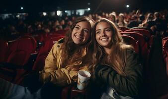 Two modern friends are seen sitting in a cinema, enjoying each other's company while delighting in the experience of watching a film together.Generated image photo