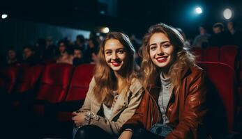 Two modern friends are seen sitting in a cinema, enjoying each other's company while delighting in the experience of watching a film together.Generated image photo