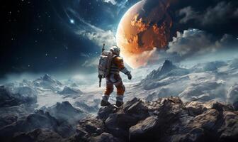 A modern astronaut is depicted exploring the surface of the moon, embodying the spirit of adventure and scientific exploration in the vastness of outer space.Generated image photo
