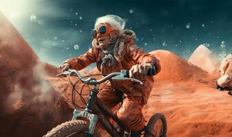 A futuristic depiction shows an elderly woman cycling across the surface of the moon, blending imagination, exploration, and the concept of space-age transportation.Generated image photo