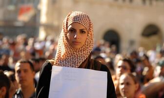 A group of Muslim women wearing hijabs is captured in a demonstration, symbolizing their collective struggle and advocacy for the rights of Muslims worldwide, emphasizing themes of photo