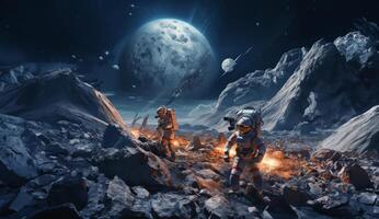 A group of modern astronauts is depicted exploring the hazardous surface of the moon in outer space, showcasing the daring mission of discovery and adventure in lunar exploration photo