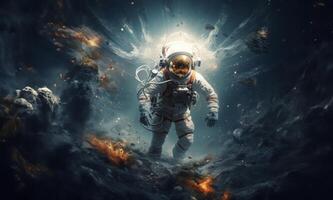 an astronaut and their team exploring mysterious and adventurous locations in space, embarking on a cosmic journey to uncover the wonders and mysteries of the universe.Generated image photo