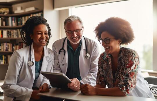 A racially diverse team of doctors collaborates using modern tablet technology to review medical findings in a multicultural and inclusive healthcare setting.Generated image photo
