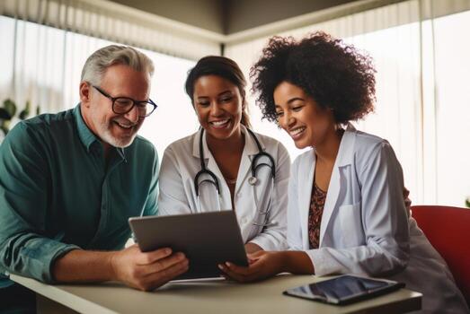 A racially diverse team of doctors collaborates using modern tablet technology to review medical findings in a multicultural and inclusive healthcare setting.Generated image photo