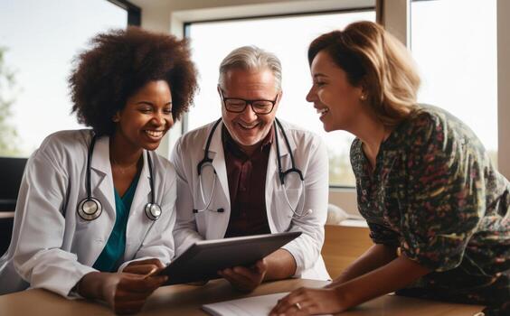 A racially diverse team of doctors collaborates using modern tablet technology to review medical findings in a multicultural and inclusive healthcare setting.Generated image photo