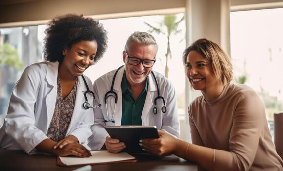 A racially diverse team of doctors collaborates using modern tablet technology to review medical findings in a multicultural and inclusive healthcare setting.Generated image photo