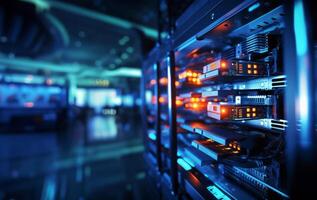 A close-up photograph showcases modern blue computers in a server room, illustrating the technological infrastructure of data management and communication networks.Generated image photo