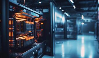 A close-up photograph showcases modern blue computers in a server room, illustrating the technological infrastructure of data management and communication networks.Generated image photo