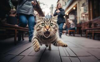 A close-up photograph captures a cat dashing through the urban streets with agility and speed, amidst the bustling cityscape photo