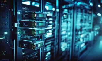 A close-up photograph showcases modern blue computers in a server room, illustrating the technological infrastructure of data management and communication networks.Generated image photo