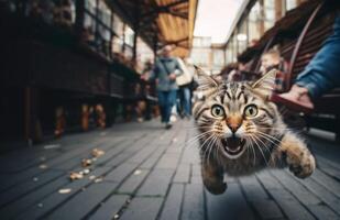 A close-up photograph captures a cat dashing through the urban streets with agility and speed, amidst the bustling cityscape photo
