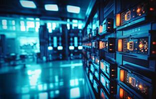 A close-up photograph showcases modern blue computers in a server room, illustrating the technological infrastructure of data management and communication networks.Generated image photo