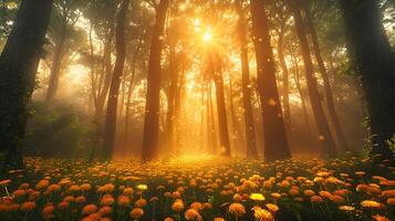 Sunlit Forest with Blooming Orange Flowers and Floating Particles photo