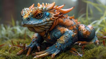 Fantasy Toad with Spiky Armor Resting in Lush Woods photo