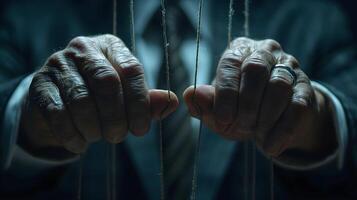 Powerful Hands Grasping Puppet Strings in a Dark Setting photo