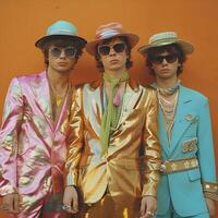 Stylish Trio in Gold, Pink, and Blue Suits Against an Orange Wall photo