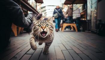 A close-up photograph captures a cat dashing through the urban streets with agility and speed, amidst the bustling cityscape photo