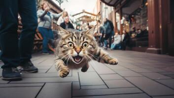 A close-up photograph captures a cat dashing through the urban streets with agility and speed, amidst the bustling cityscape photo