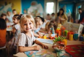 A group of young schoolchildren sits attentively in their classroom desks, fully engaged and enjoying the educational experience facilitated by their teacher.Generated image photo