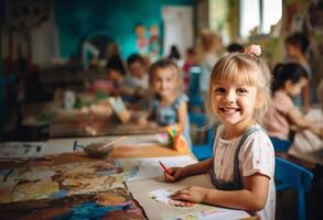 A group of young schoolchildren sits attentively in their classroom desks, fully engaged and enjoying the educational experience facilitated by their teacher.Generated image photo
