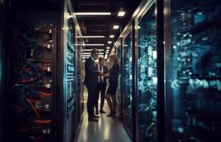 A group of engineers engages in a discussion about technical issues while situated in a modern server room, collaborating to find solutions and ensure the smooth operation of the photo