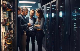 A group of engineers engages in a discussion about technical issues while situated in a modern server room, collaborating to find solutions and ensure the smooth operation of the photo