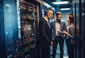 A group of engineers engages in a discussion about technical issues while situated in a modern server room, collaborating to find solutions and ensure the smooth operation of the photo