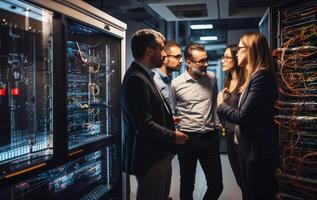 A group of engineers engages in a discussion about technical issues while situated in a modern server room, collaborating to find solutions and ensure the smooth operation of the photo